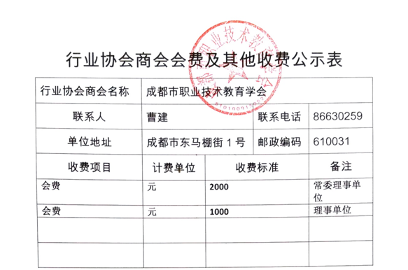 市教育局管理的行业协会学会收费公示表